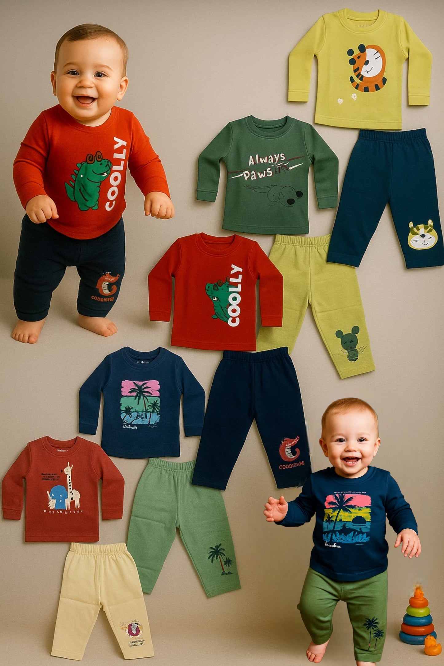 Kids Outfit Set with Animal Prints | 5 Full Sleeve Tops & Pants