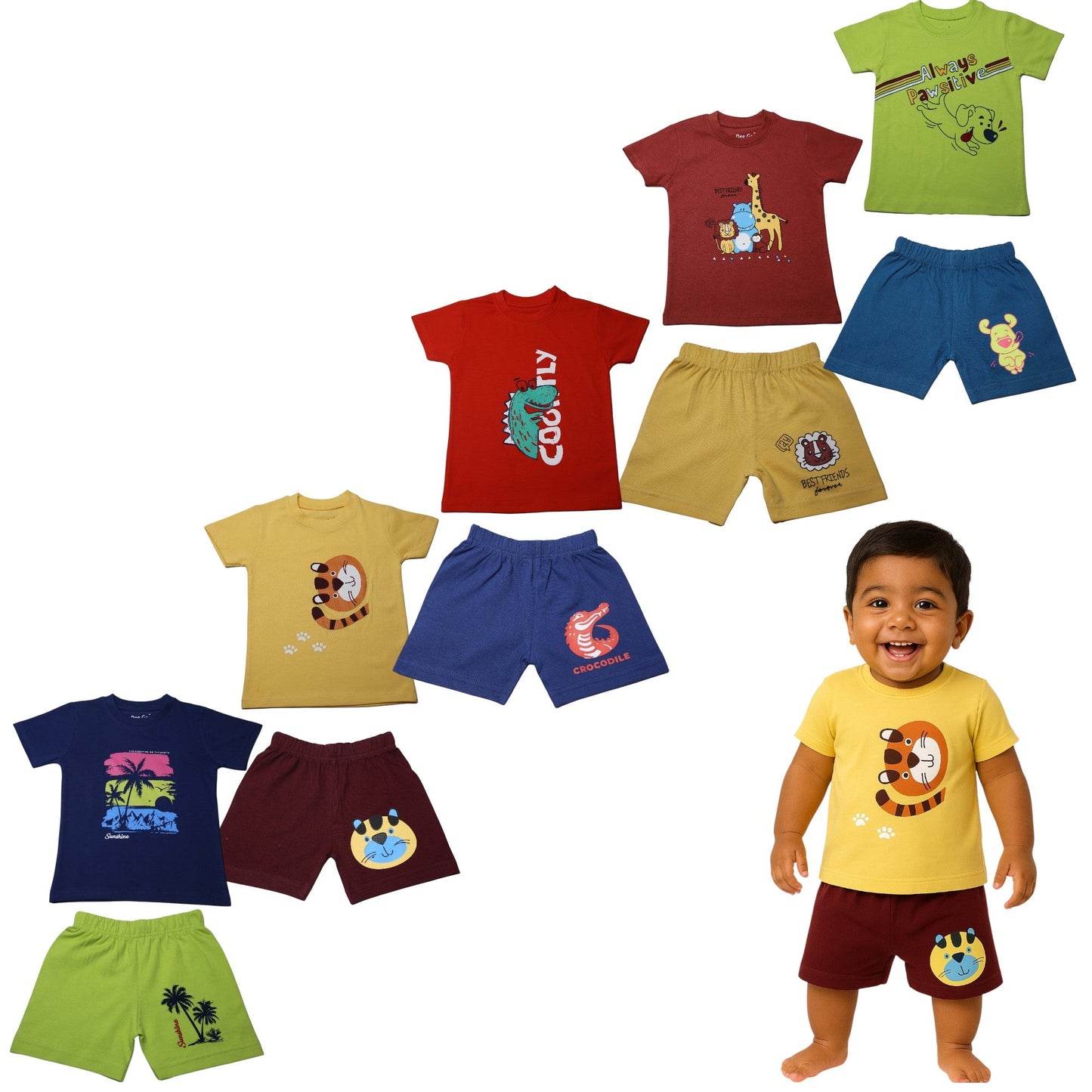 Kids Boys & Girls 100% Combed Biowash Cotton Printed T-Shirt & Shorts Combo | Unisex Pack of 5 for Comfortable Everyday Wear - Stylelogy