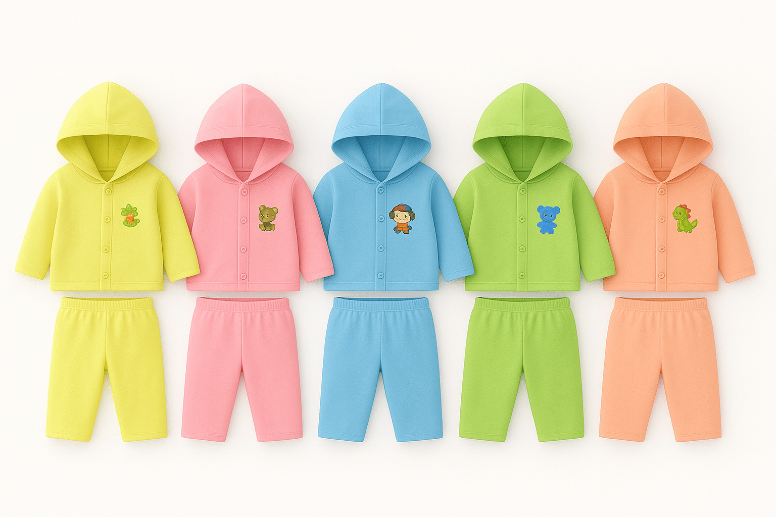 Newborn Unisex Cotton Dress Hoodie Cap with Pants| 0 - 3 Months Winter Outfit for Infant| Multicolour 5 Combo Pack Boy & Girl Baby Dress - Stylelogy