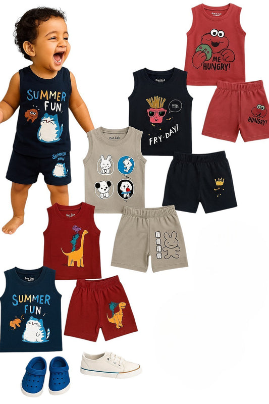Kids T-Shirt and Shorts Set – Pack of 5 | Sleeveless Cartoon Print Cotton Combo