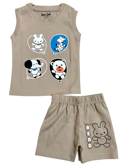 Kids T-Shirt and Shorts Set – Pack of 5 | Sleeveless Cartoon Print Cotton Combo