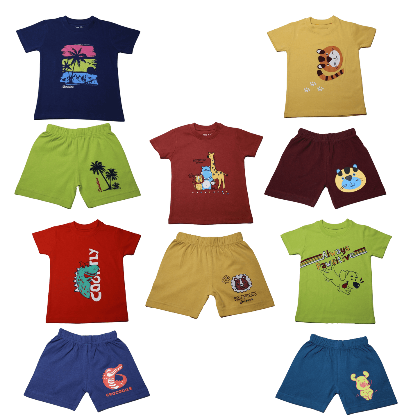 Kids Boys & Girls 100% Combed Biowash Cotton Printed T-Shirt & Shorts Combo | Unisex Pack of 5 for Comfortable Everyday Wear - Stylelogy