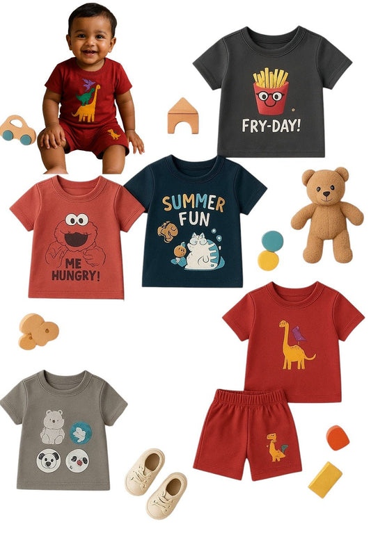 Stylelogy Kids Tshirt & Short Cotton Set Casual Outfit Regular Wear Dresses|Boys & Girls Kids Dress For Baby Boy & Girls 5 Combo Pack Size upto 2 Years - Stylelogy