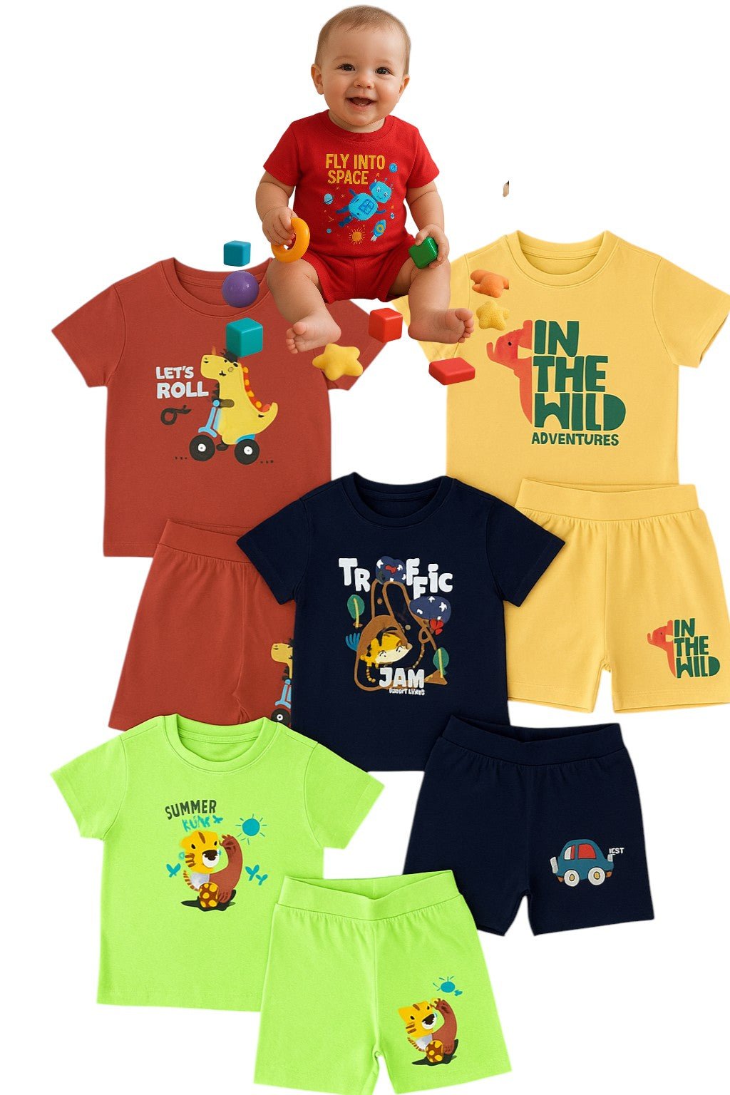 Stylelogy Tshirt & Shorts for kids | Toddler & Infant Baby Printed T-shirt & Half Pant| Little Boys & Girls Kids Dress, Pack of 5 combo | Unisex Clothing Set for Baby style 156 - Stylelogy