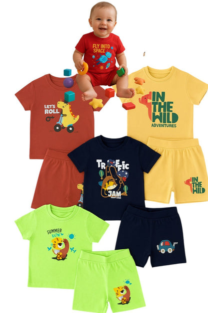 Stylelogy Tshirt & Shorts for kids | Toddler & Infant Baby Printed T-shirt & Half Pant| Little Boys & Girls Kids Dress, Pack of 5 combo | Unisex Clothing Set for Baby style 156 - Stylelogy